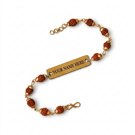 Personalized Rudraksha Name Bracelet with Engraved Nameplate, Adjustable Cord Spiritual Jewelry Gift