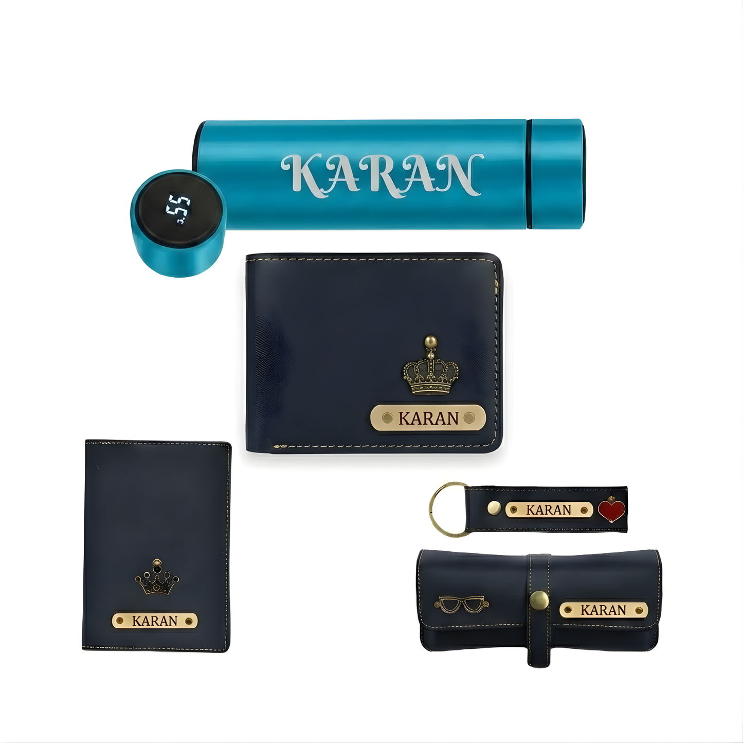 Personalised Men’s Leather Wallet Gift Set – 5 in 1 Custom Name Engraved Gift Combo with Wallet, Passport Cover, Keychain & Smart Bottle