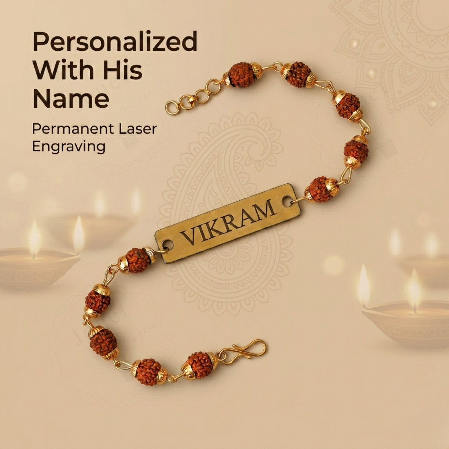Personalized Rudraksha Name Bracelet with Engraved Nameplate, Adjustable Cord Spiritual Jewelry Gift