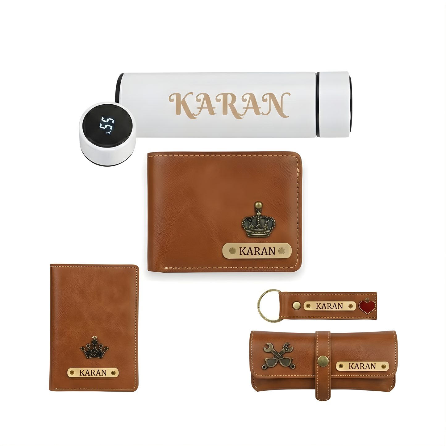 Personalised Men’s Leather Wallet Gift Set – 5 in 1 Custom Name Engraved Gift Combo with Wallet, Passport Cover, Keychain & Smart Bottle