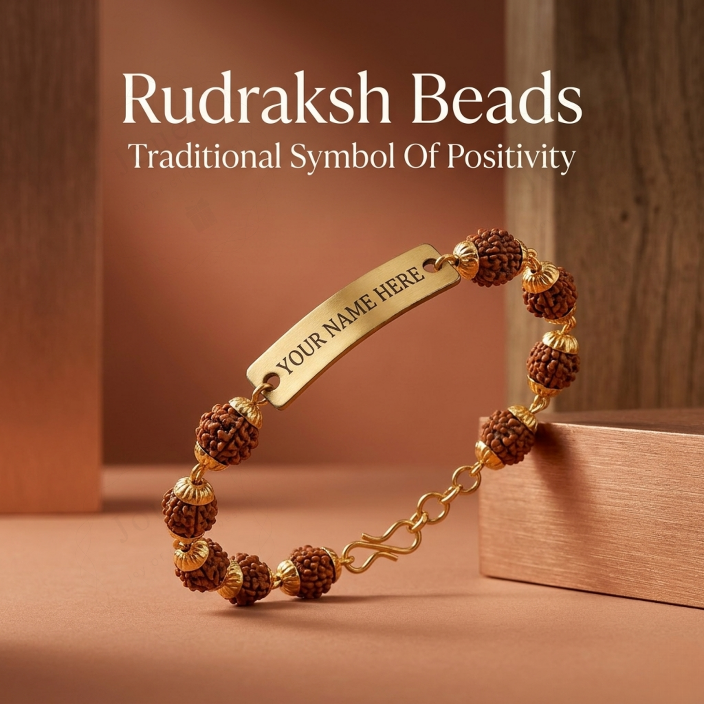 Personalized Rudraksha Name Bracelet with Engraved Nameplate, Adjustable Cord Spiritual Jewelry Gift