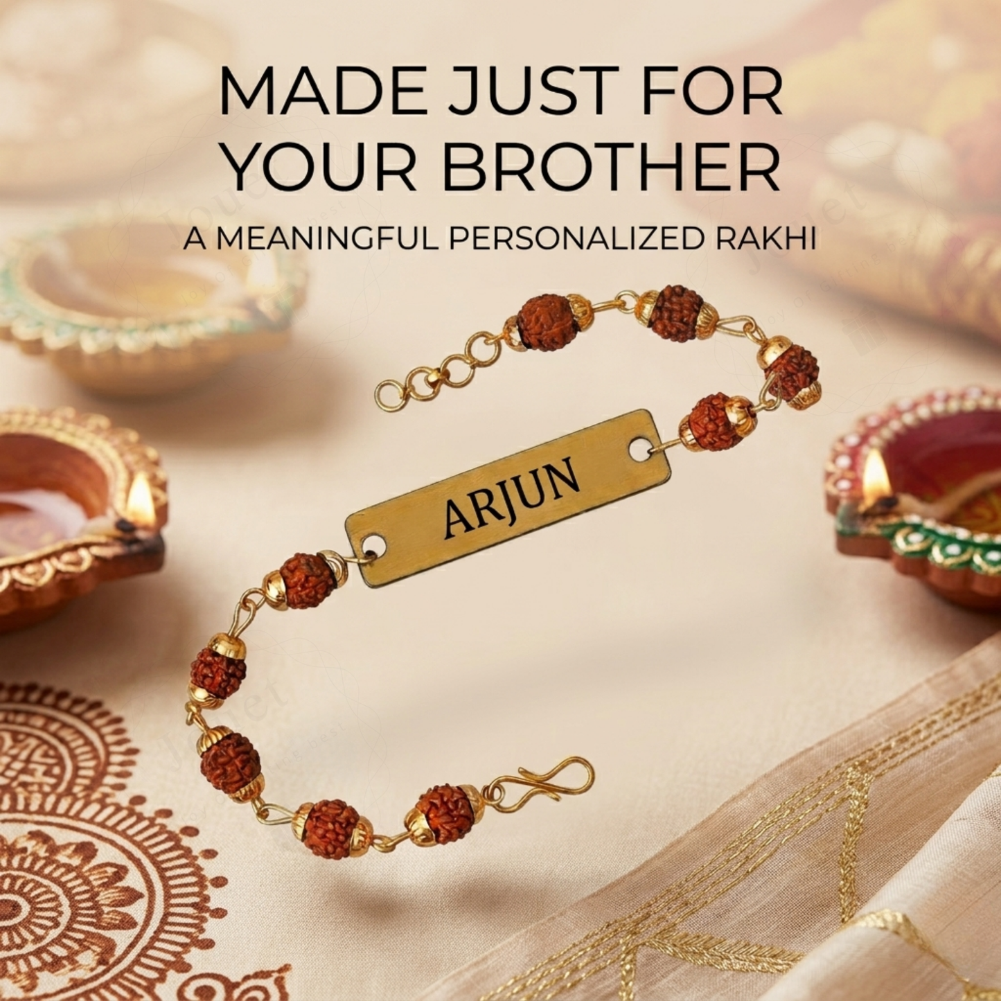 Personalized Rudraksha Name Bracelet with Engraved Nameplate, Adjustable Cord Spiritual Jewelry Gift