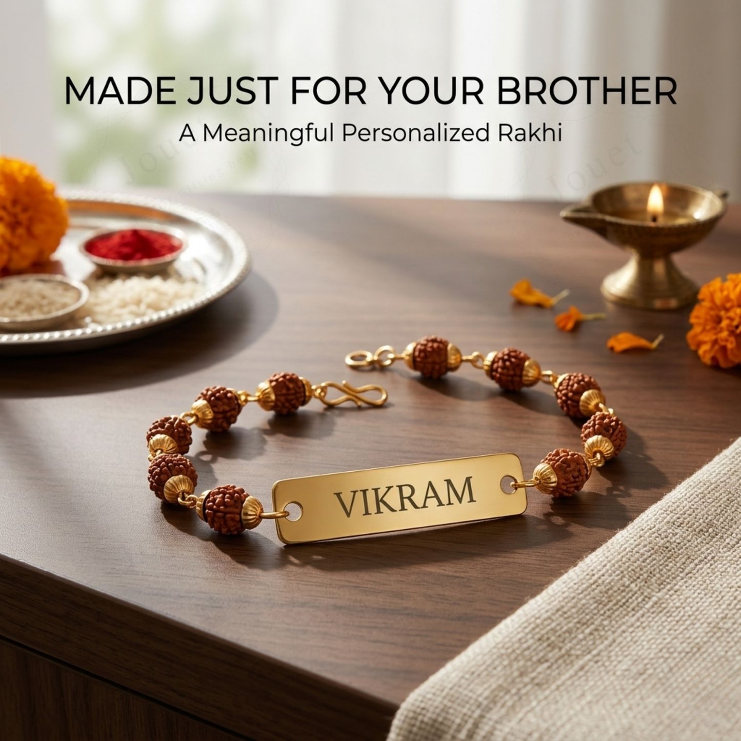 Personalized Rudraksha Name Bracelet with Engraved Nameplate, Adjustable Cord Spiritual Jewelry Gift