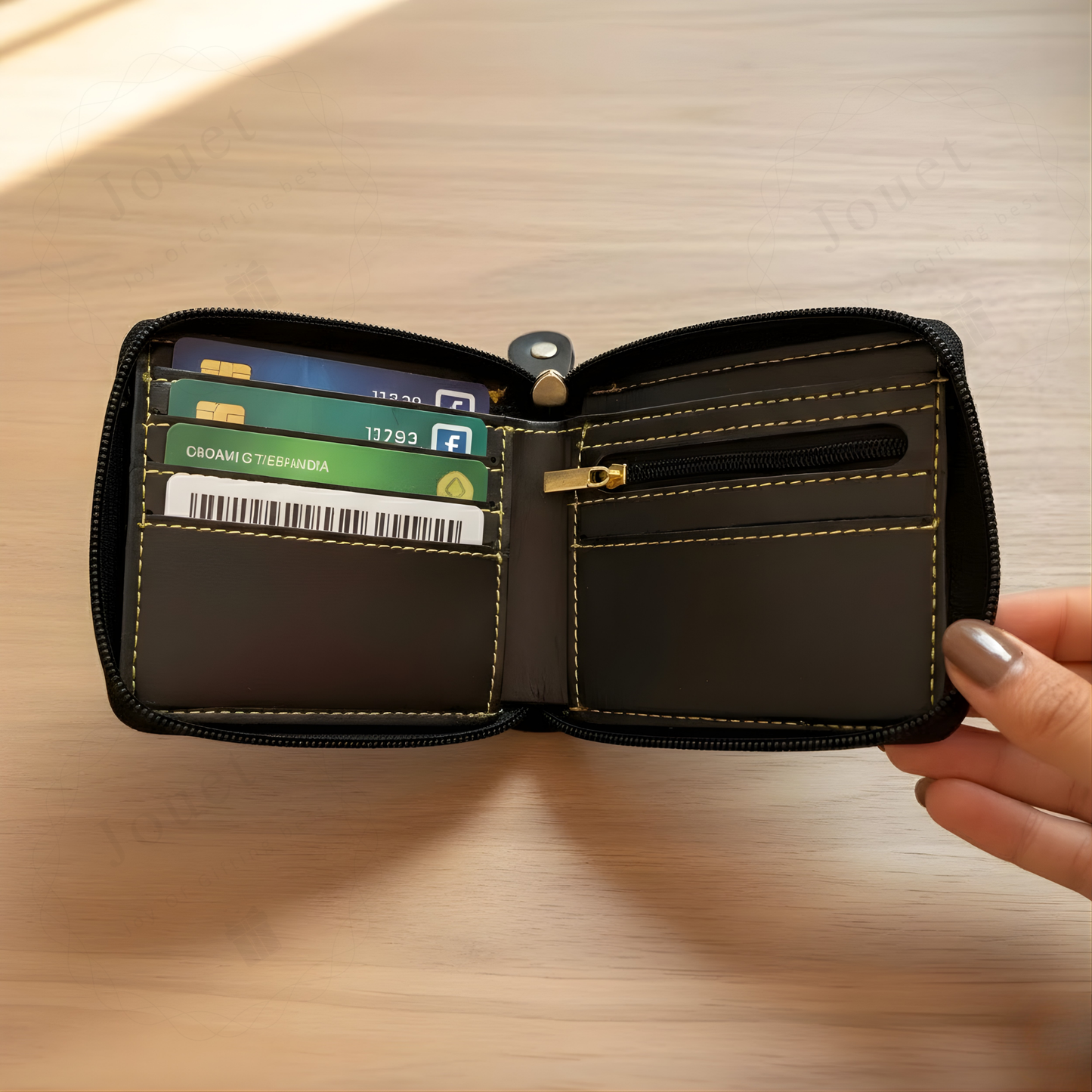Personalized Men's Zipper Wallet with Custom Name Strip & Charm, Vegan Leather Card Holder