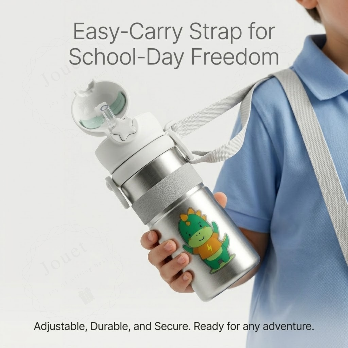 Kids Dinosaur Water Bottle 600ml – Stainless Steel Straw Sipper with Carry Strap