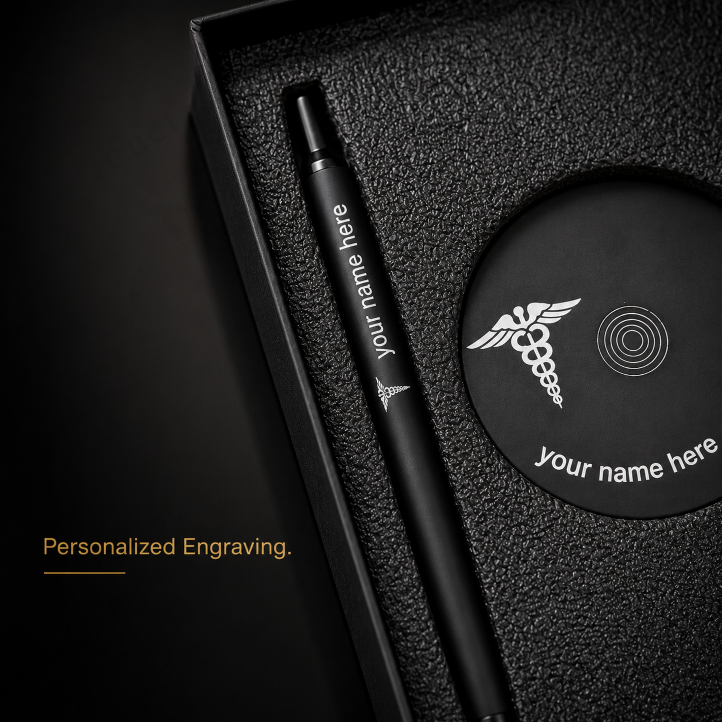 Personalised Magnetic Balancing Pen Set, Metal, Name Engraved, Premium Black, with Disk, Gift Box Included