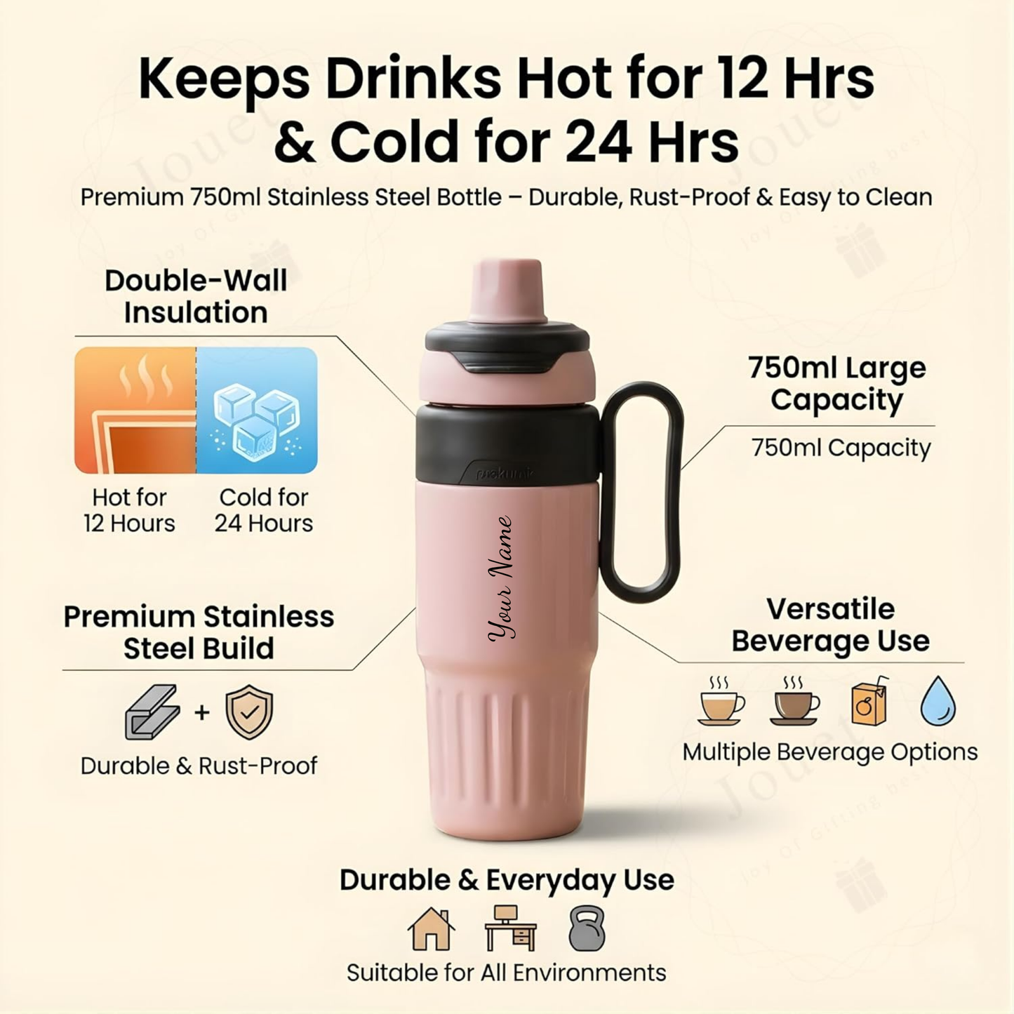 Personalized 750ml Thermos Flask with Name, Stainless Steel Insulated Bottle with Handle & Straw, Leakproof Travel Coffee Bottle