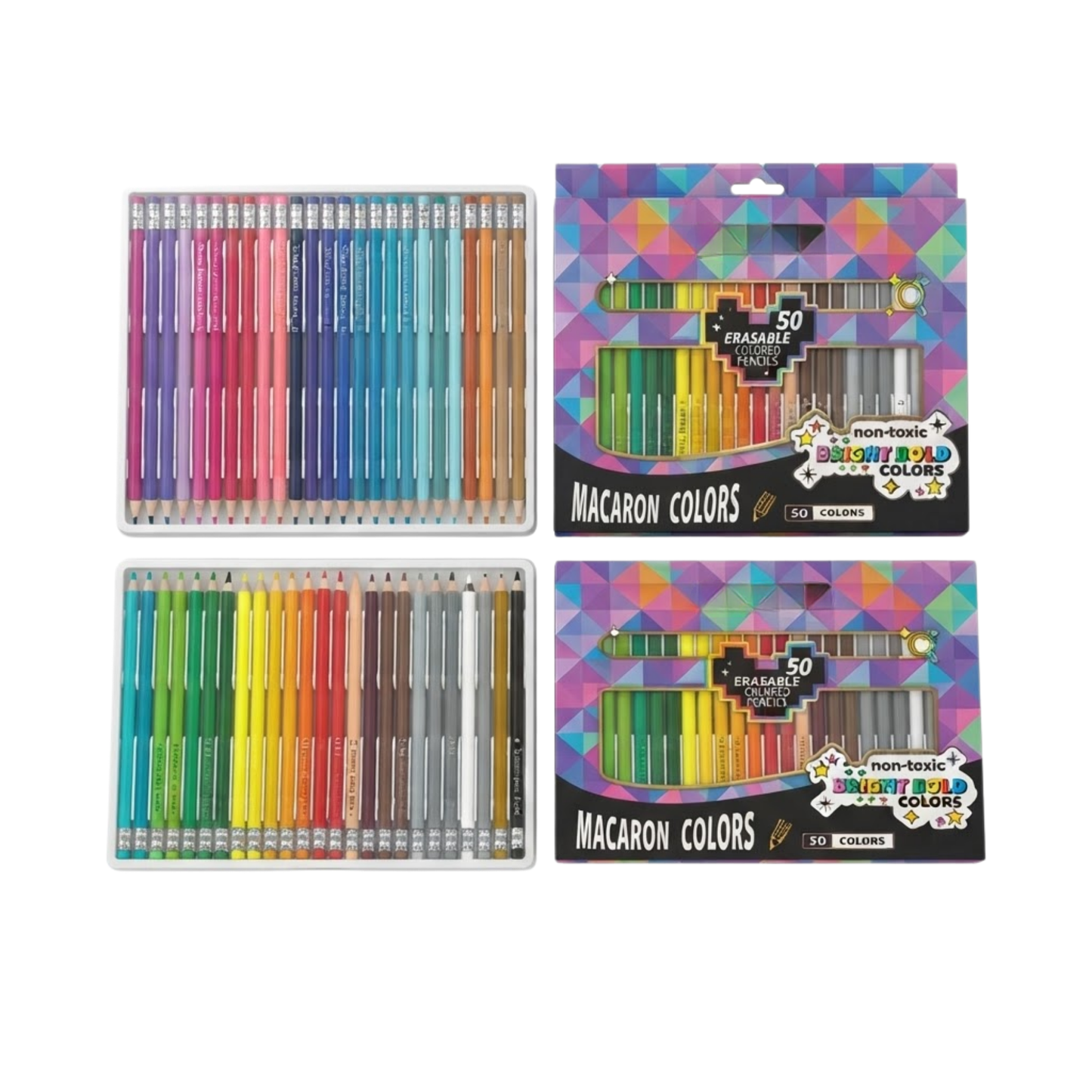 50-Piece Erasable Colored Pencils Set | Pre-Sharpened Non-Toxic Coloring Pencils with Built-In Erasers