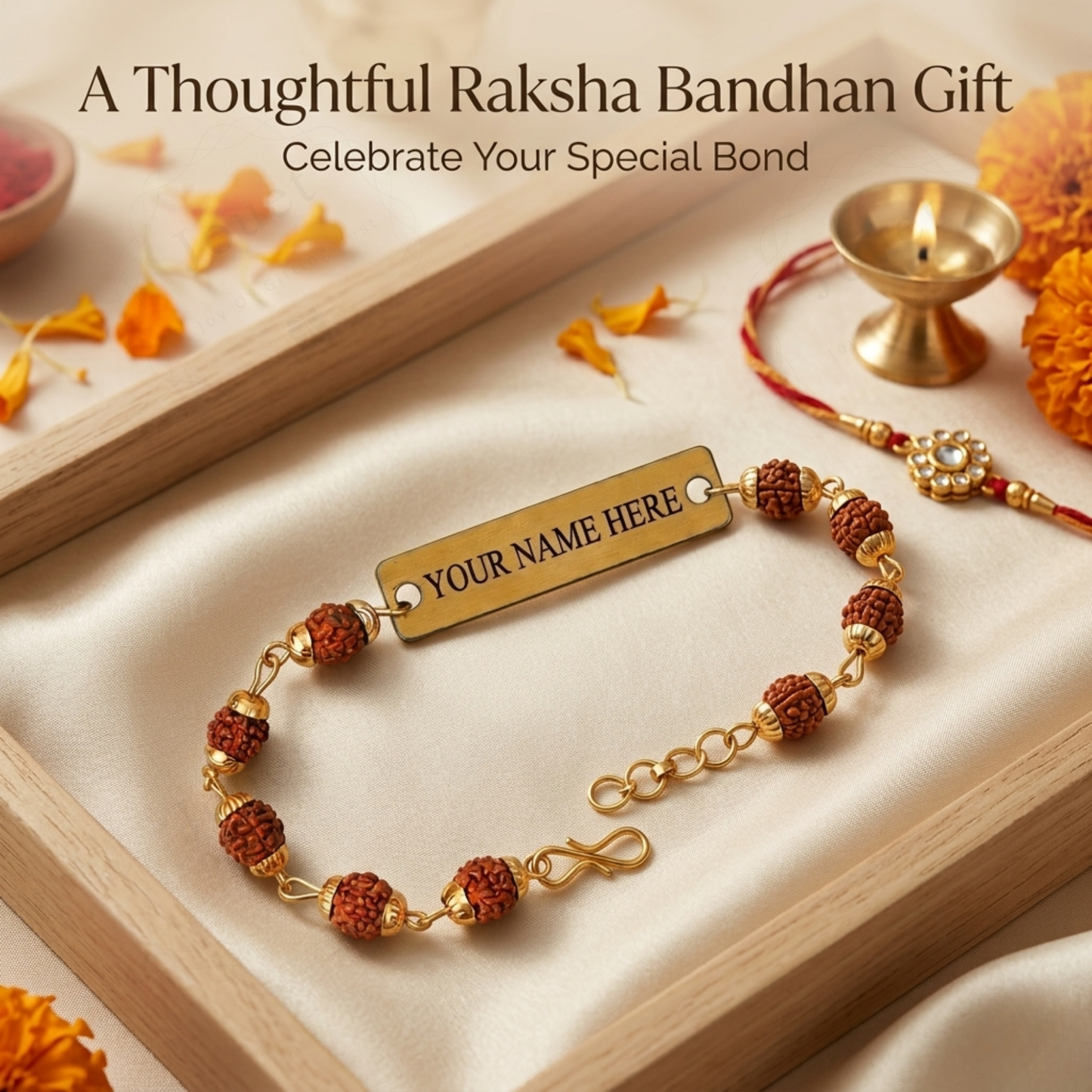 Personalized Rudraksha Name Bracelet with Engraved Nameplate, Adjustable Cord Spiritual Jewelry Gift