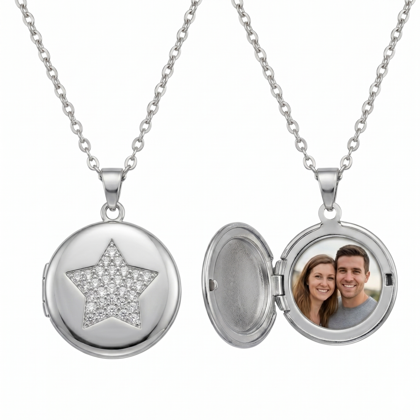 Personalized Photo Locket Necklace for Women with Crystal Star Design, Stainless Steel Waterproof Custom Picture Pendant Gift for Her