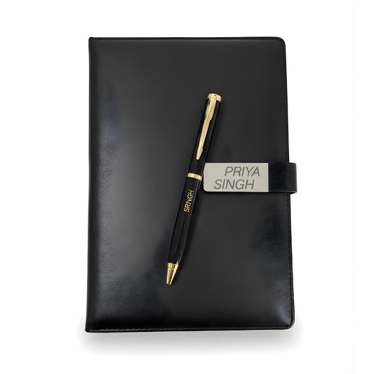 Personalized A5 Leather Diary Set with Engraved Metal Pen, Custom Name & Logo, Non-Dated Notebook, Black Corporate Gift