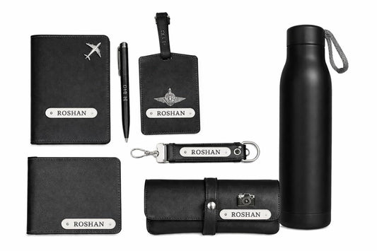 Personalized Travel Gift Set for Men with Passport Cover, Wallet, Luggage Tag, Keychain, Pen & Bottle, Custom Name Engraved Leather Accessories