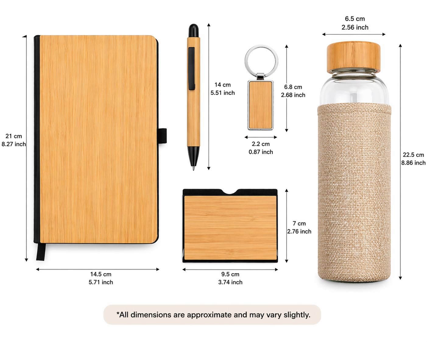 Personalized 5-in-1 Office Gift Set with Name & Charm, Notebook, Glass Bottle, Pen, Card Holder & Keychain,Corporate Gift