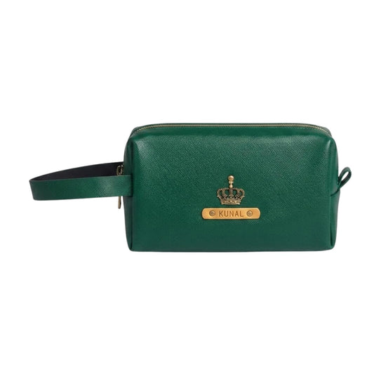 Personalized Synthetic Leather Travel Pouch with Custom Name Plate & Charm, Large Makeup and Toiletry Organizer