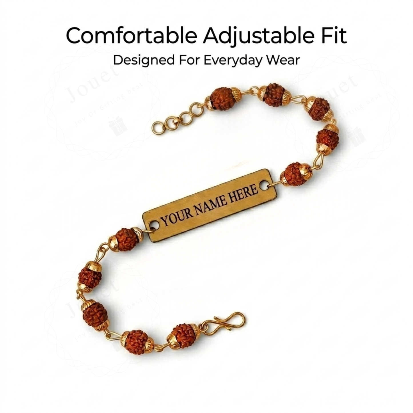Personalized Rudraksha Name Bracelet with Engraved Nameplate, Adjustable Cord Spiritual Jewelry Gift