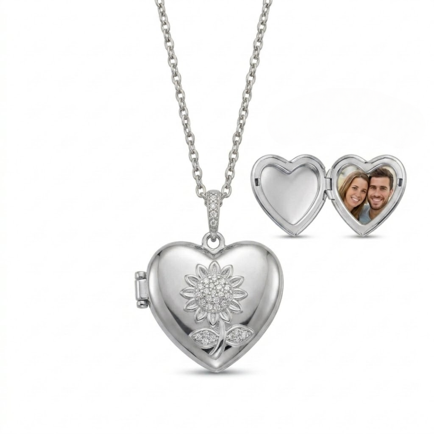 Personalized Heart Photo Locket Necklace for Women with Crystal Sunflower Design, Stainless Steel Waterproof Jewelry Gift for Her