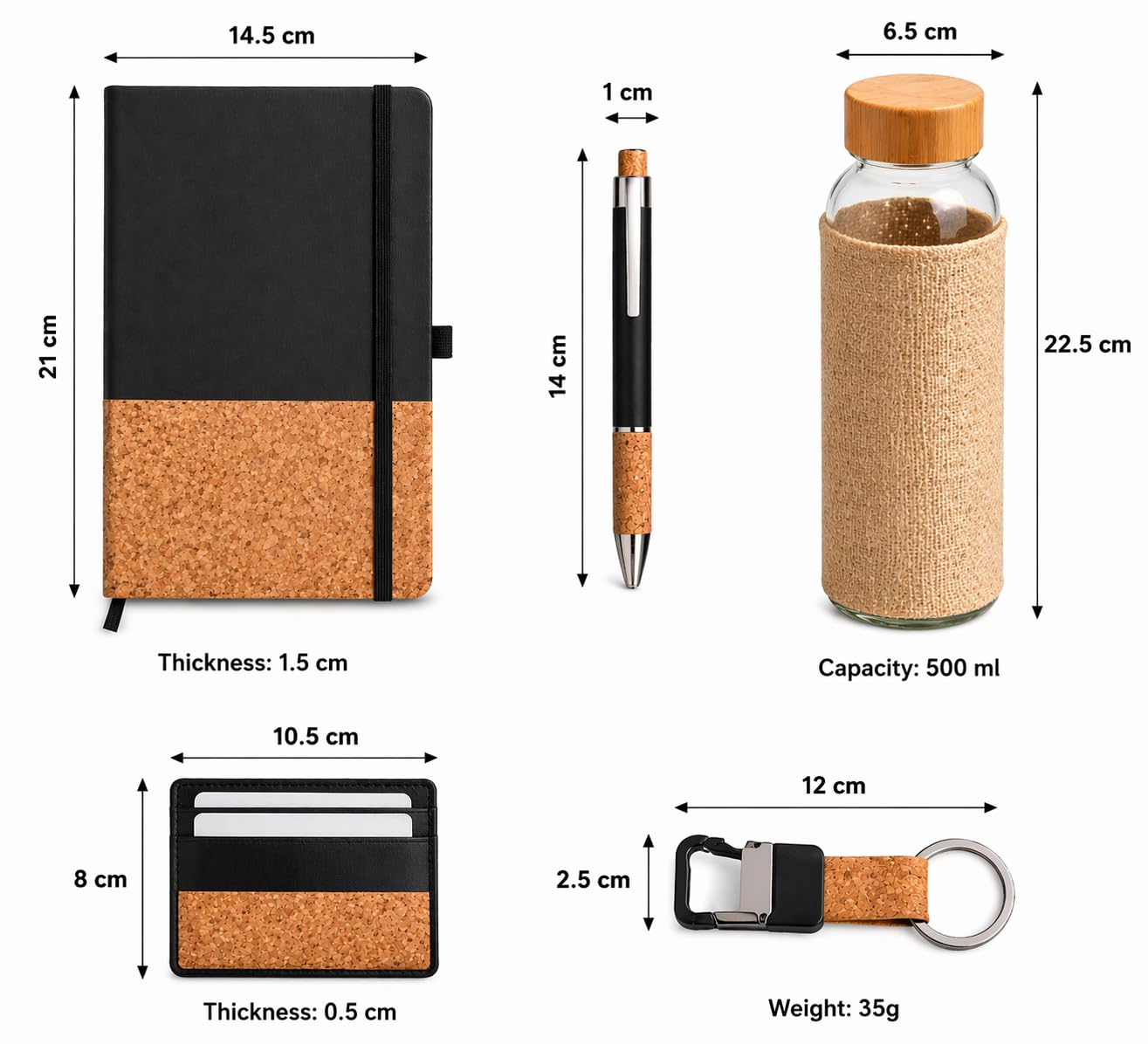 Customized 5-in-1 Office Gift Set with Notebook, Bottle, Pen & Keychain, Cork Corporate Gift