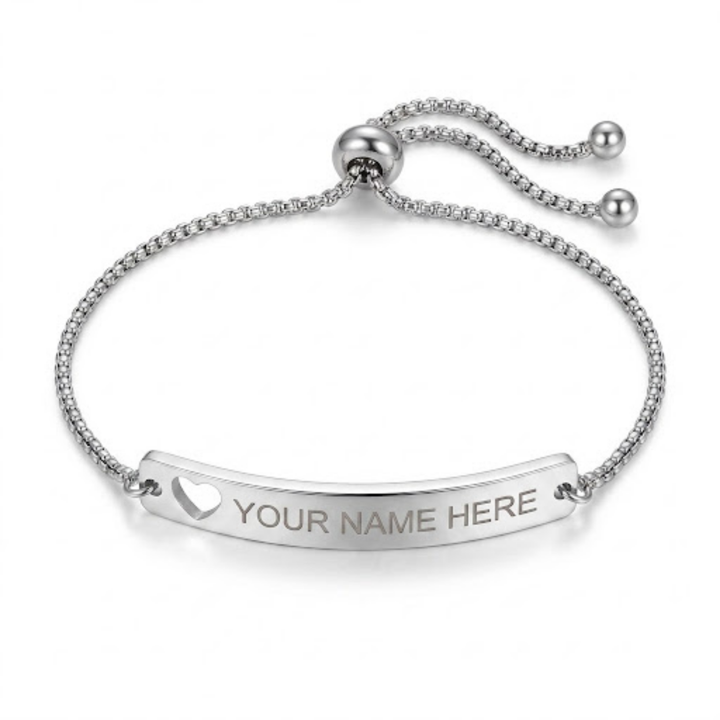 Personalized Stainless Steel Adjustable Bar Bracelet with Heart Cutout, Laser Engraved Name or Message, Custom Jewelry Gift for Men & Women
