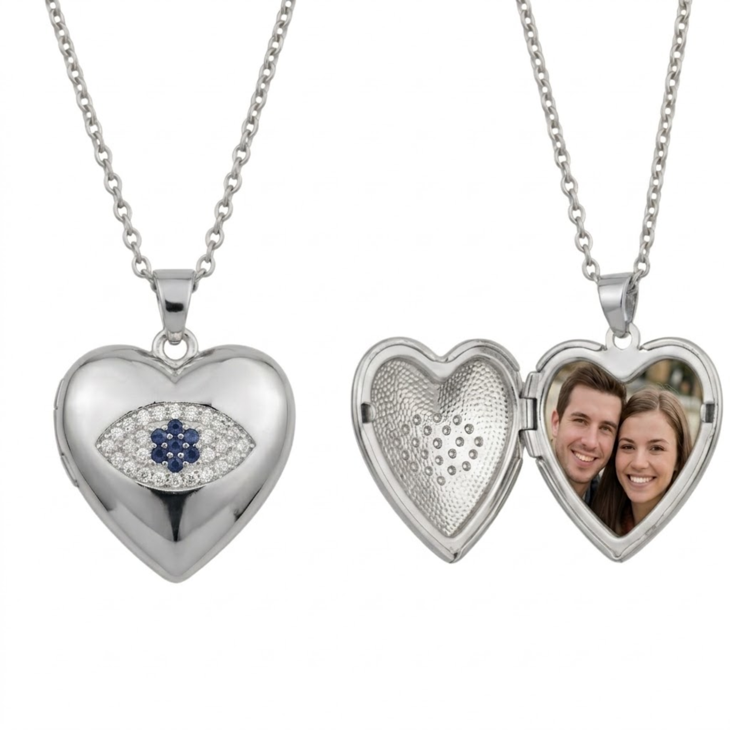 Personalized Heart Photo Locket Necklace for Women with Crystal Evil Eye Design, Stainless Steel Anti-Tarnish Custom Picture Pendant Gift for Her
