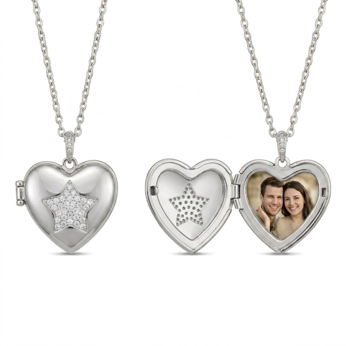 Personalized Heart Photo Locket Necklace for Women with Crystal Star Design, Stainless Steel Waterproof Custom Picture Pendant Gift for Her