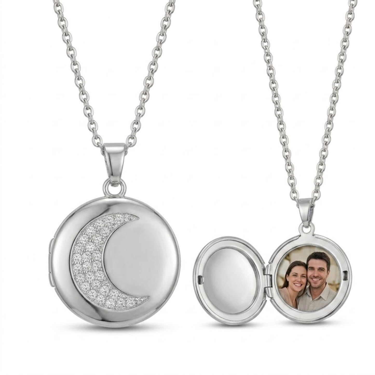 Personalized Photo Locket Necklace for Women with Crystal Moon Design, Stainless Steel Waterproof Custom Picture Pendant Gift for Her