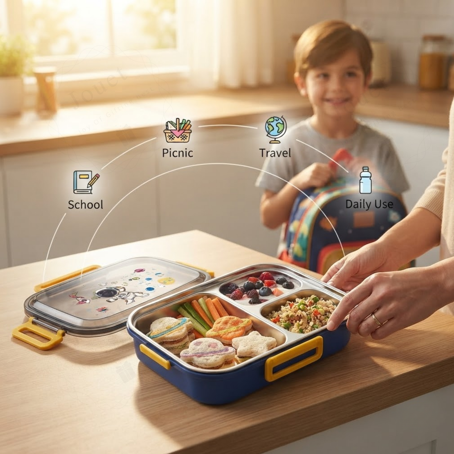 750ml Kids Stainless Steel Lunch Box with 3 Compartments for School & Travel