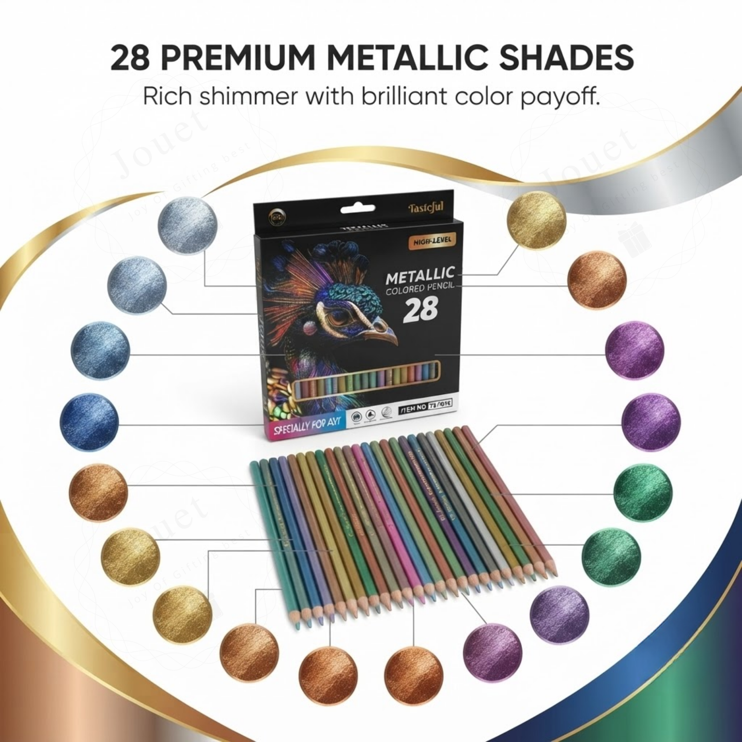 28-Piece Metallic Colored Pencils Set | Pre-Sharpened Shimmer Art Pencils with 3.0mm Break-Resistant Lead