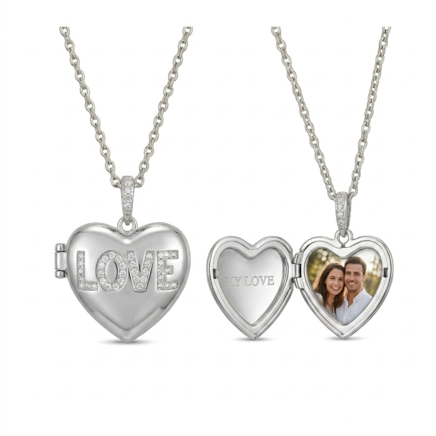 Personalized Heart Picture Locket Necklace for Women with Crystal Design, Stainless Steel Waterproof Custom Photo Pendant Gift for Her