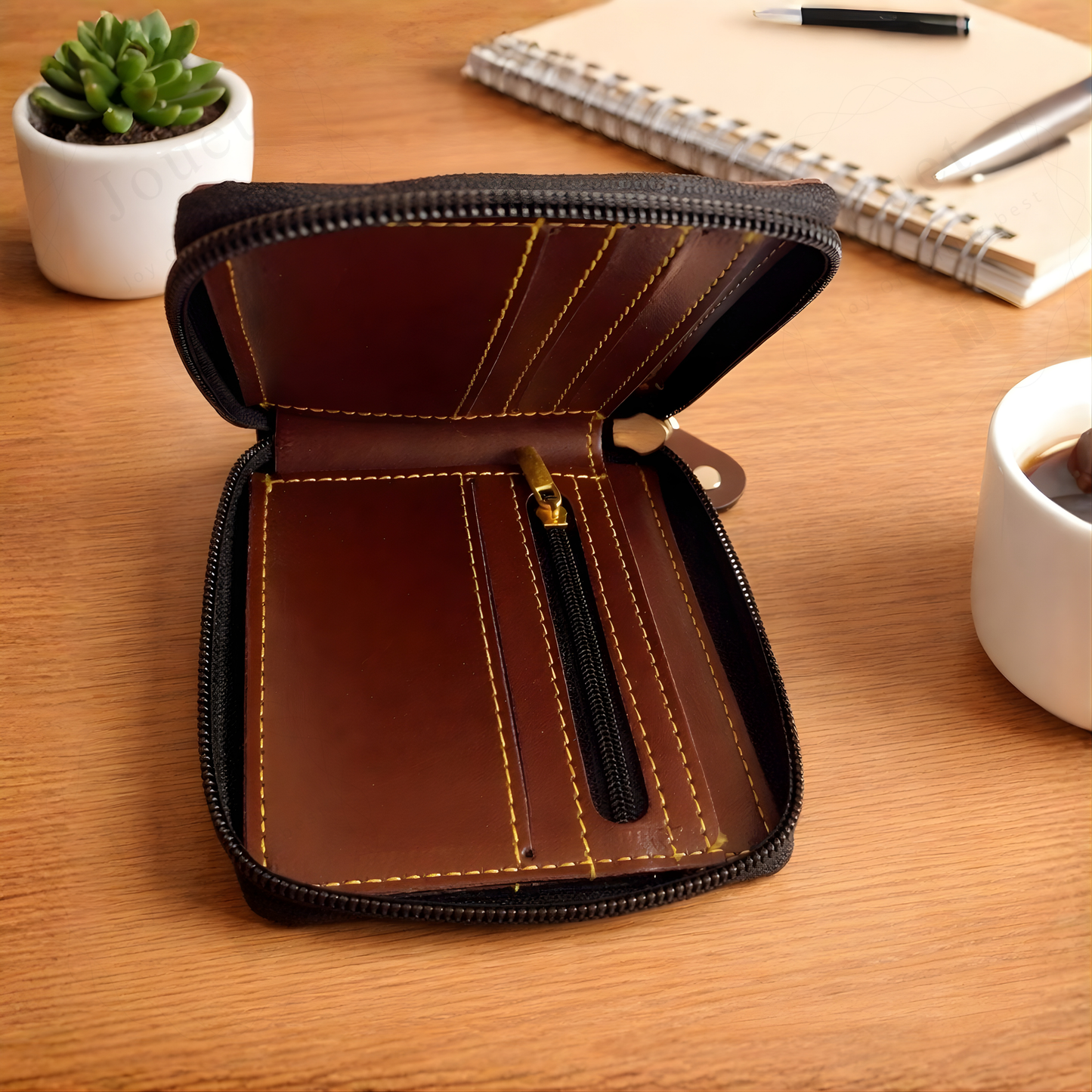 Personalized Men's Zipper Wallet with Custom Name Strip & Charm, Vegan Leather Card Holder