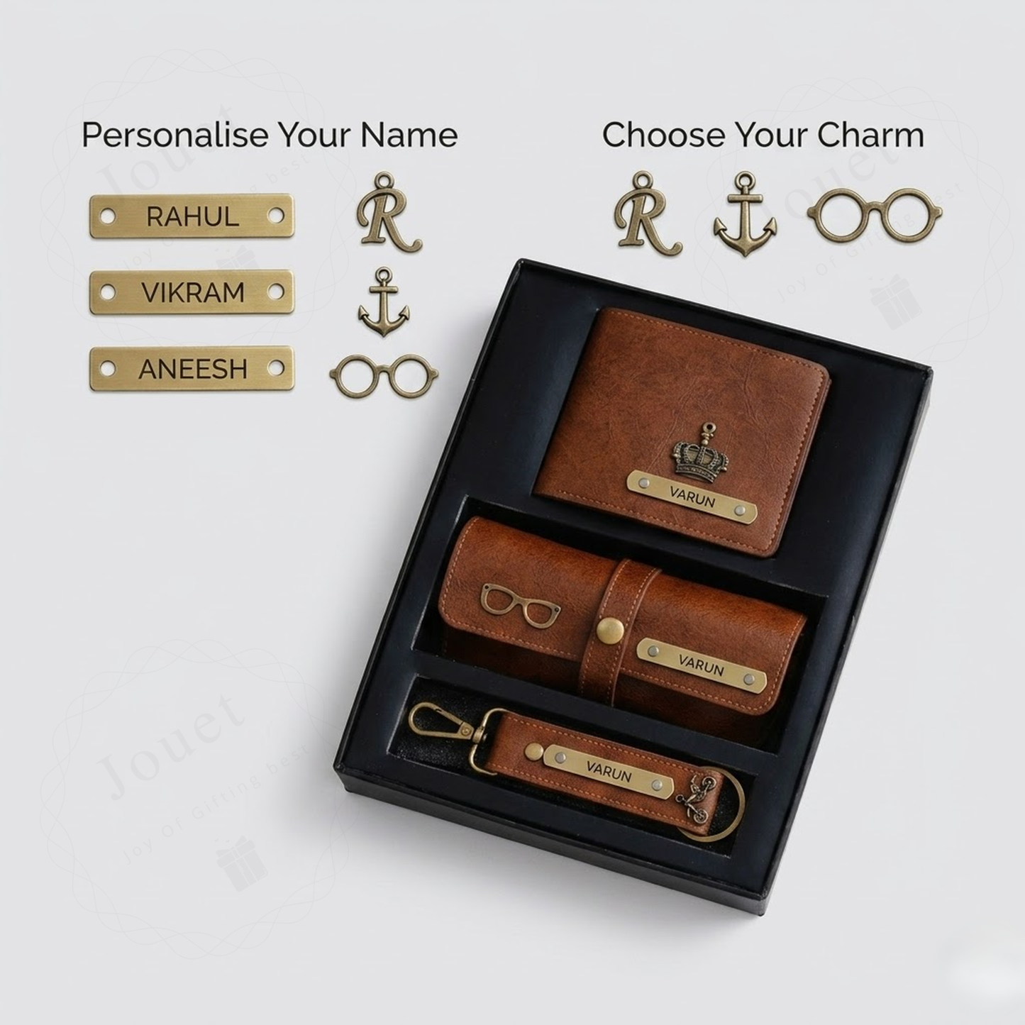 Personalized Men’s Leather Gift Set with Bi-Fold Wallet, Eyewear Case & Keychain, Custom Name Engraved Accessories Combo