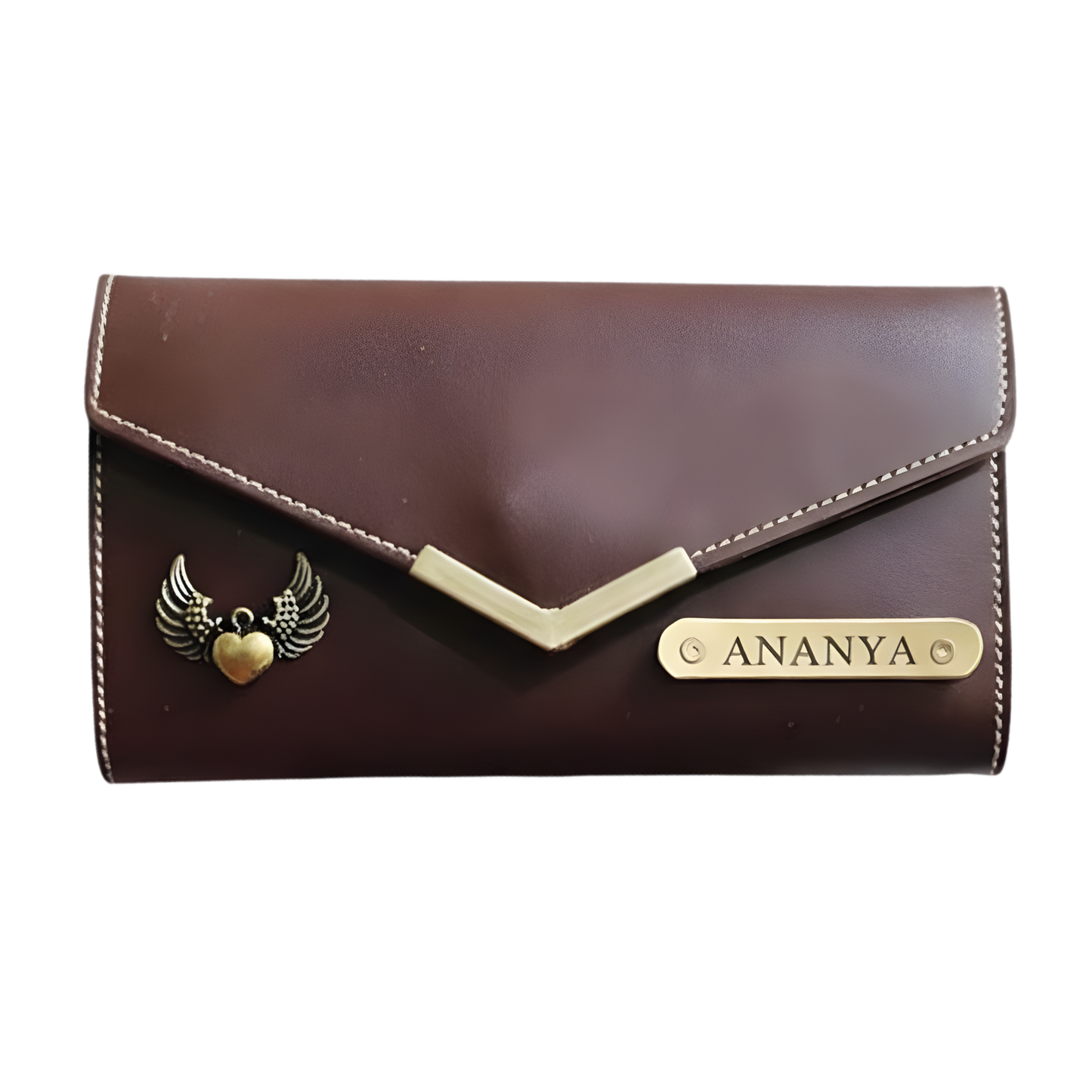Personalized Leather Envelope Wallet for Women with Custom Name Plate & Metal Charm, Handcrafted Double-Stitched Clutch