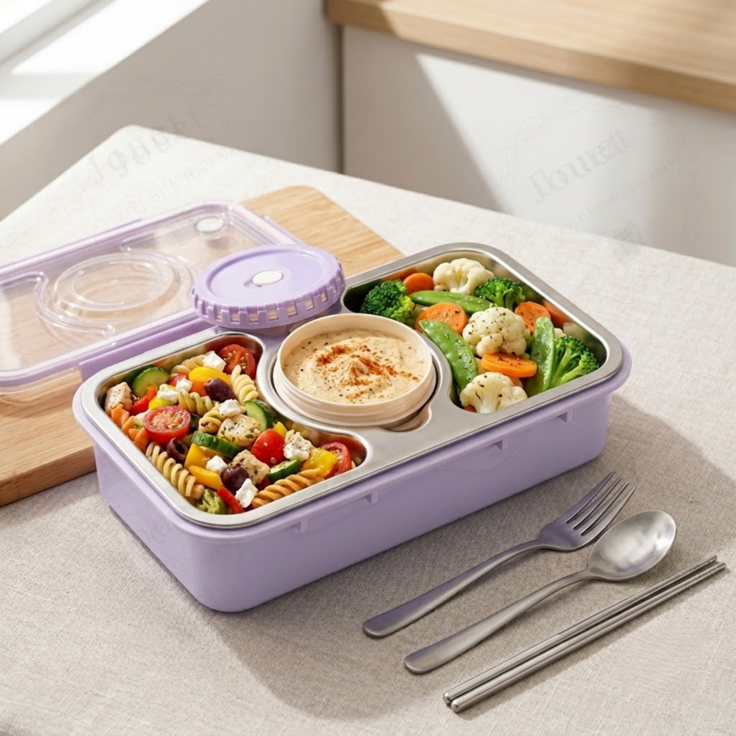 Insulated Stainless Steel Lunch Box with 3 Compartments & Steel Cutlery