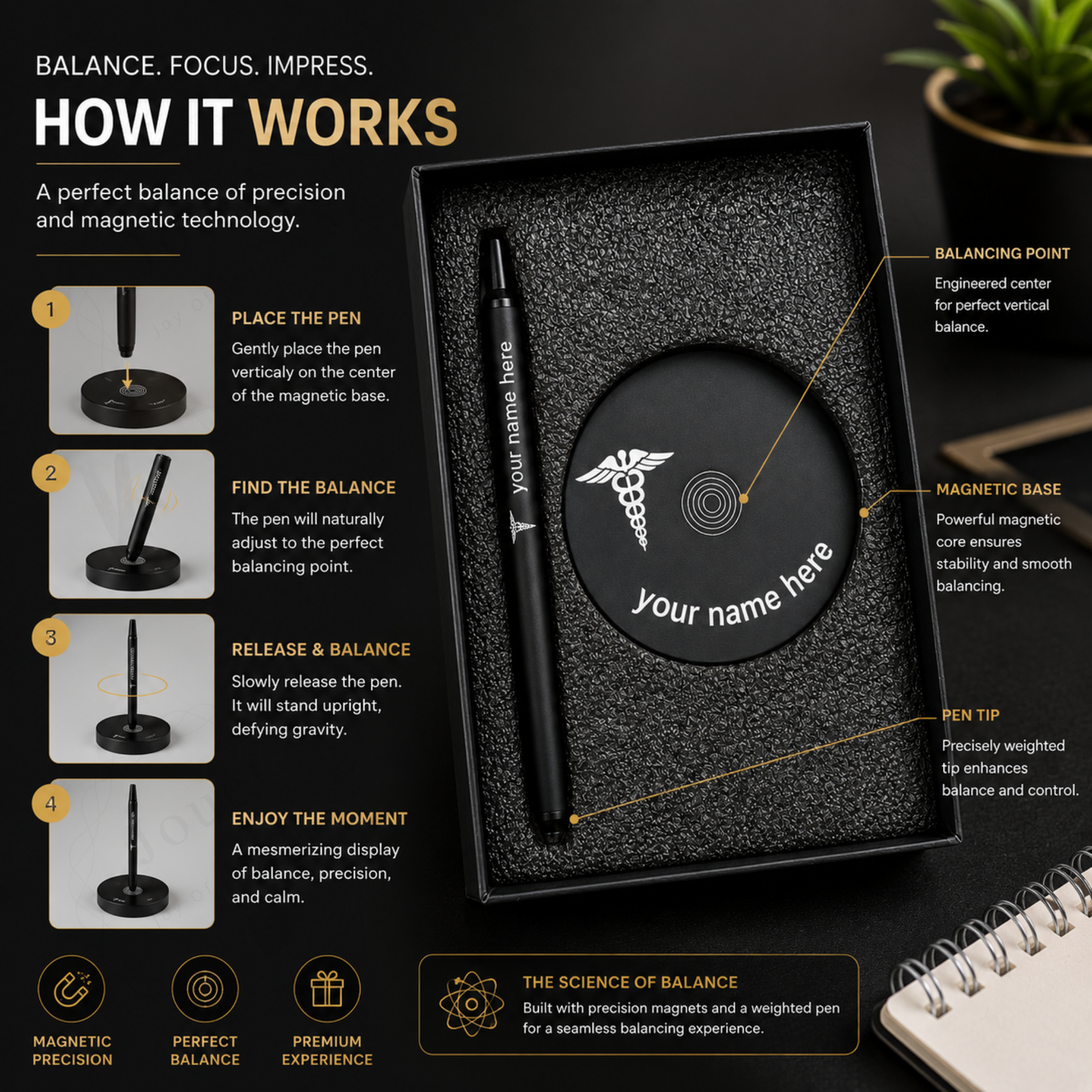 Personalised Magnetic Balancing Pen Set, Metal, Name Engraved, Premium Black, with Disk, Gift Box Included