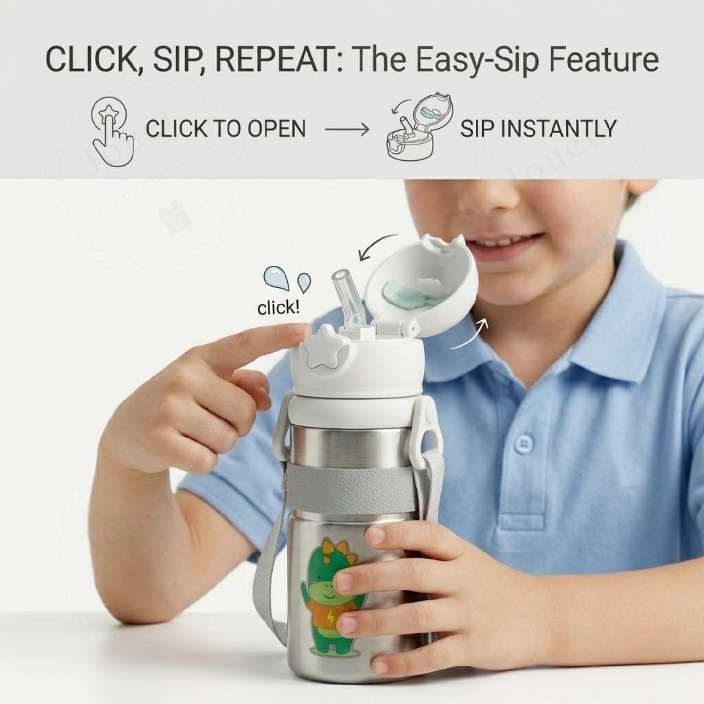 Kids Dinosaur Water Bottle 600ml – Stainless Steel Straw Sipper with Carry Strap