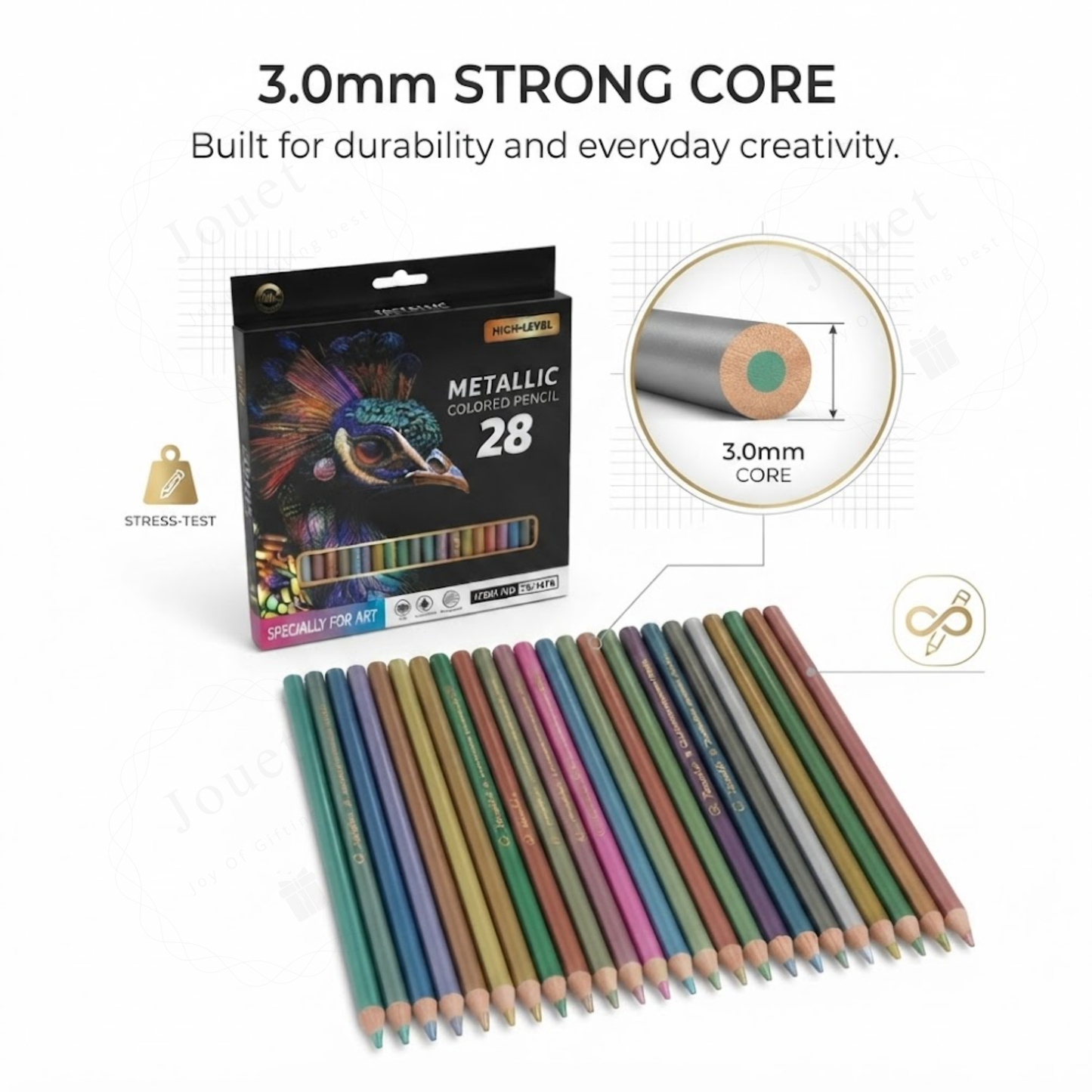 28-Piece Metallic Colored Pencils Set | Pre-Sharpened Shimmer Art Pencils with 3.0mm Break-Resistant Lead