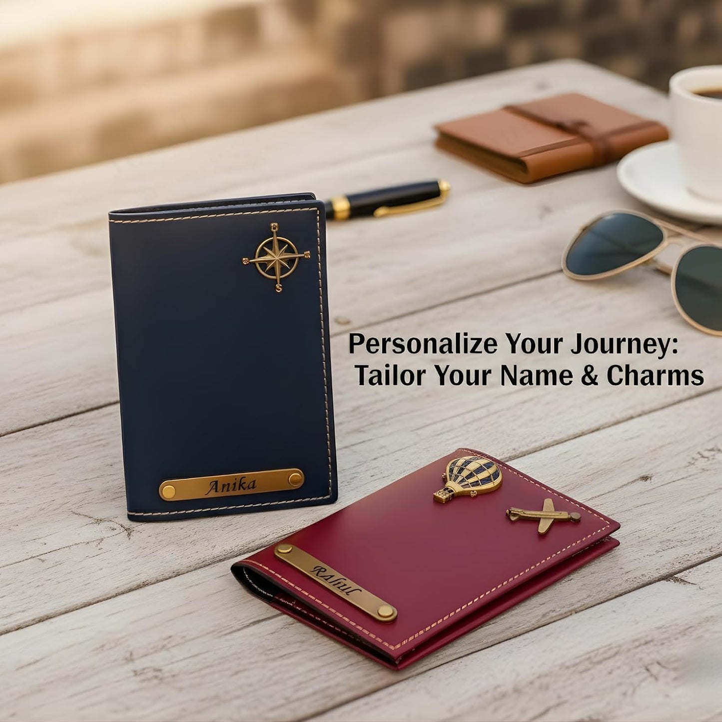 Custom Name Passport Holder with Travel Charms, Slim Faux Leather Cover for Cards & Travel Documents
