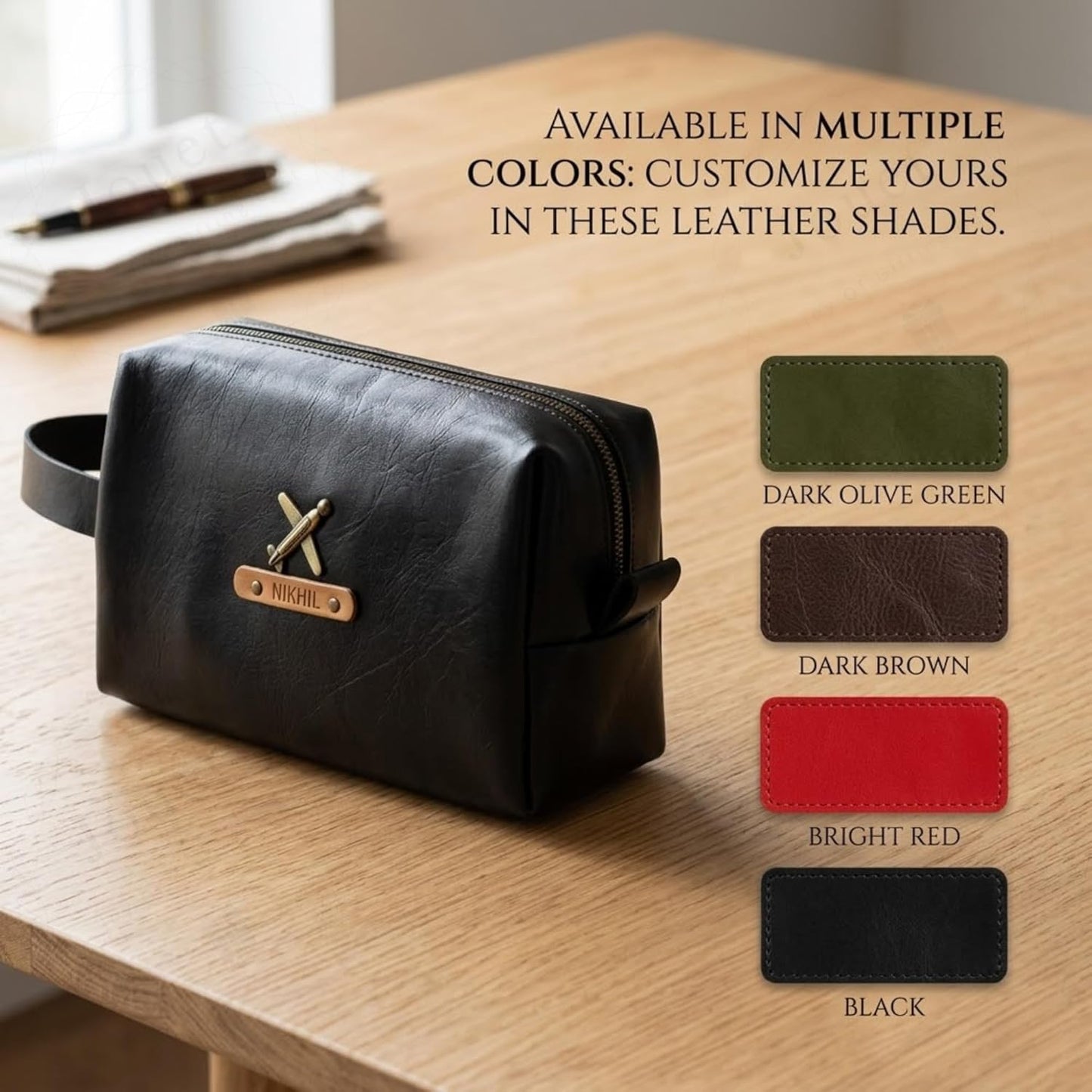 Personalized Synthetic Leather Travel Pouch with Custom Name Plate & Charm, Large Makeup and Toiletry Organizer