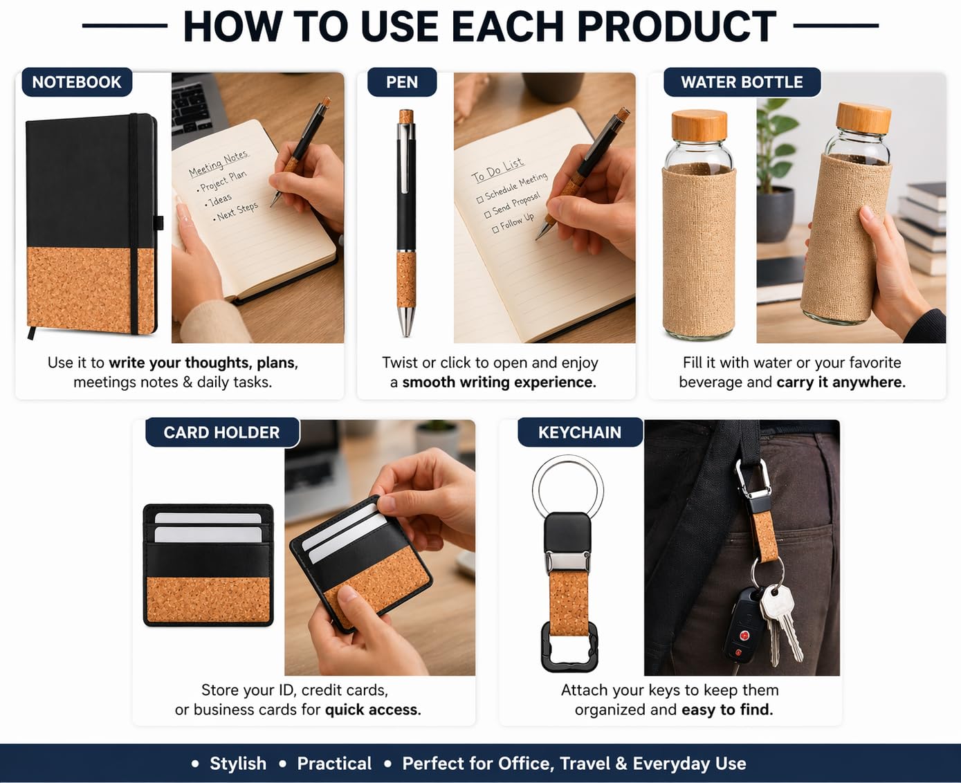 Customized 5-in-1 Office Gift Set with Notebook, Bottle, Pen & Keychain, Cork Corporate Gift