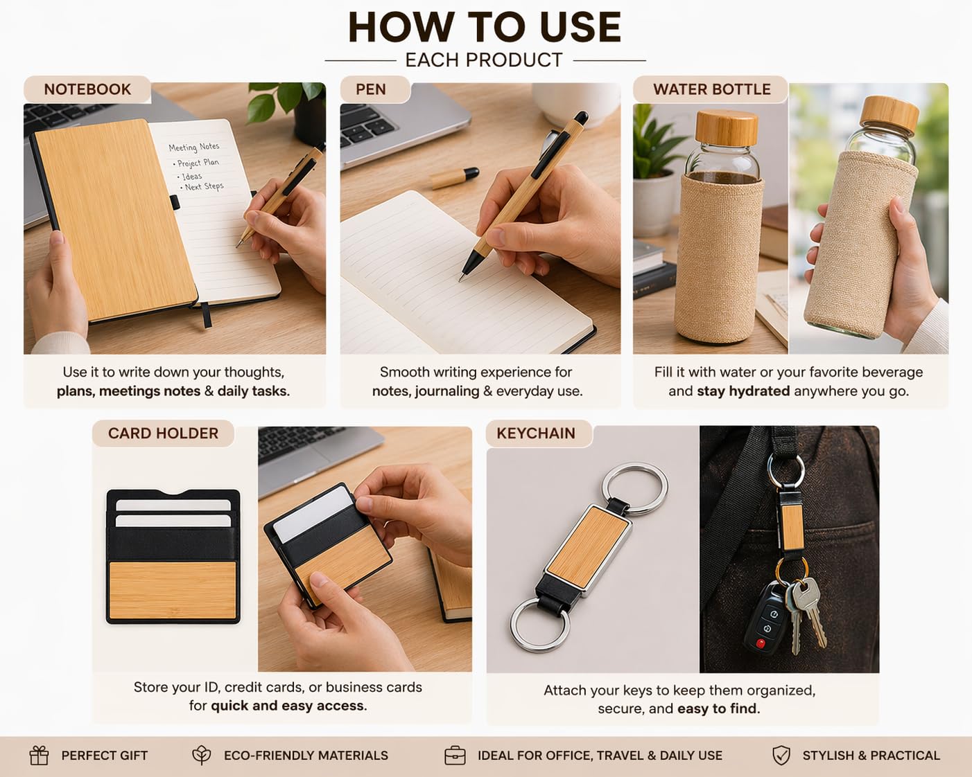 Personalized 5-in-1 Office Gift Set with Name & Charm, Notebook, Glass Bottle, Pen, Card Holder & Keychain,Corporate Gift