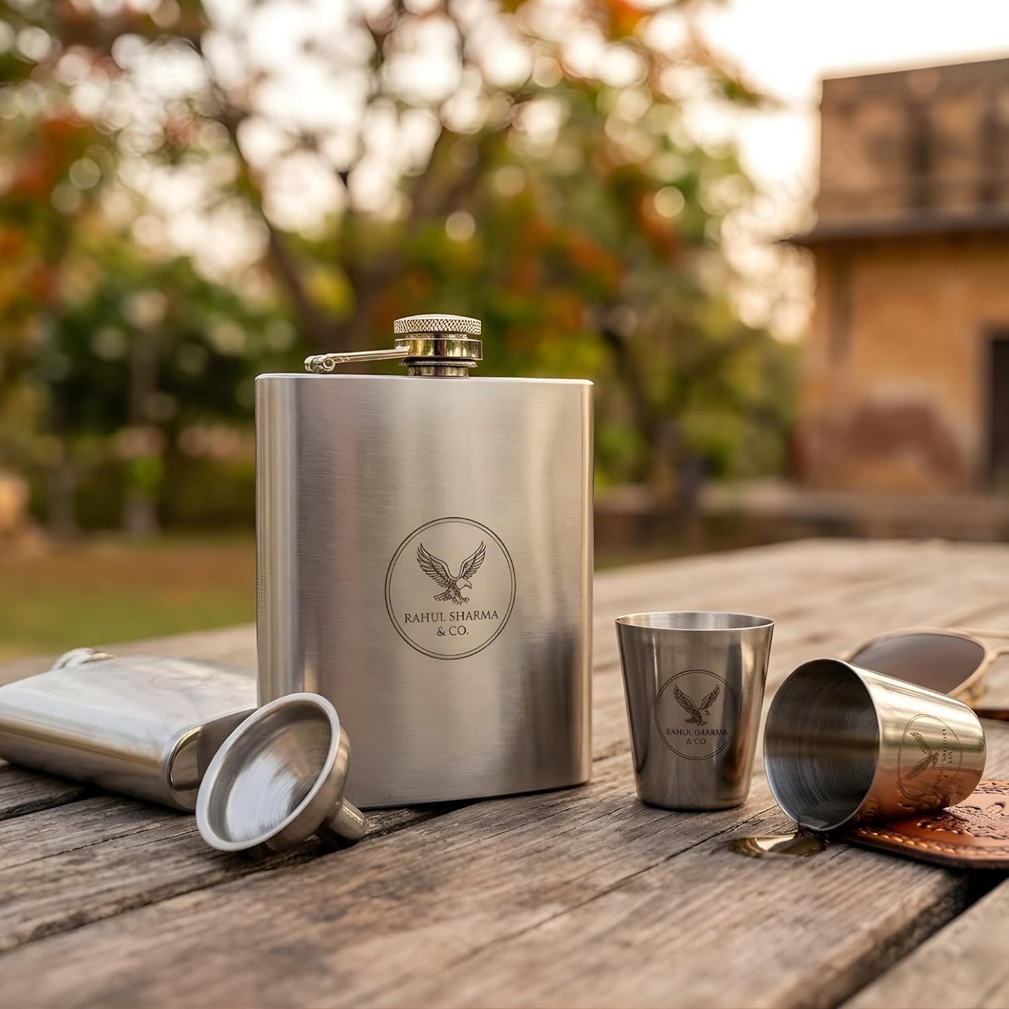Personalized 210ml Stainless Steel Hip Flask Gift Set – Custom Name or Logo Engraving with 2 Shot Glasses & Funnel
