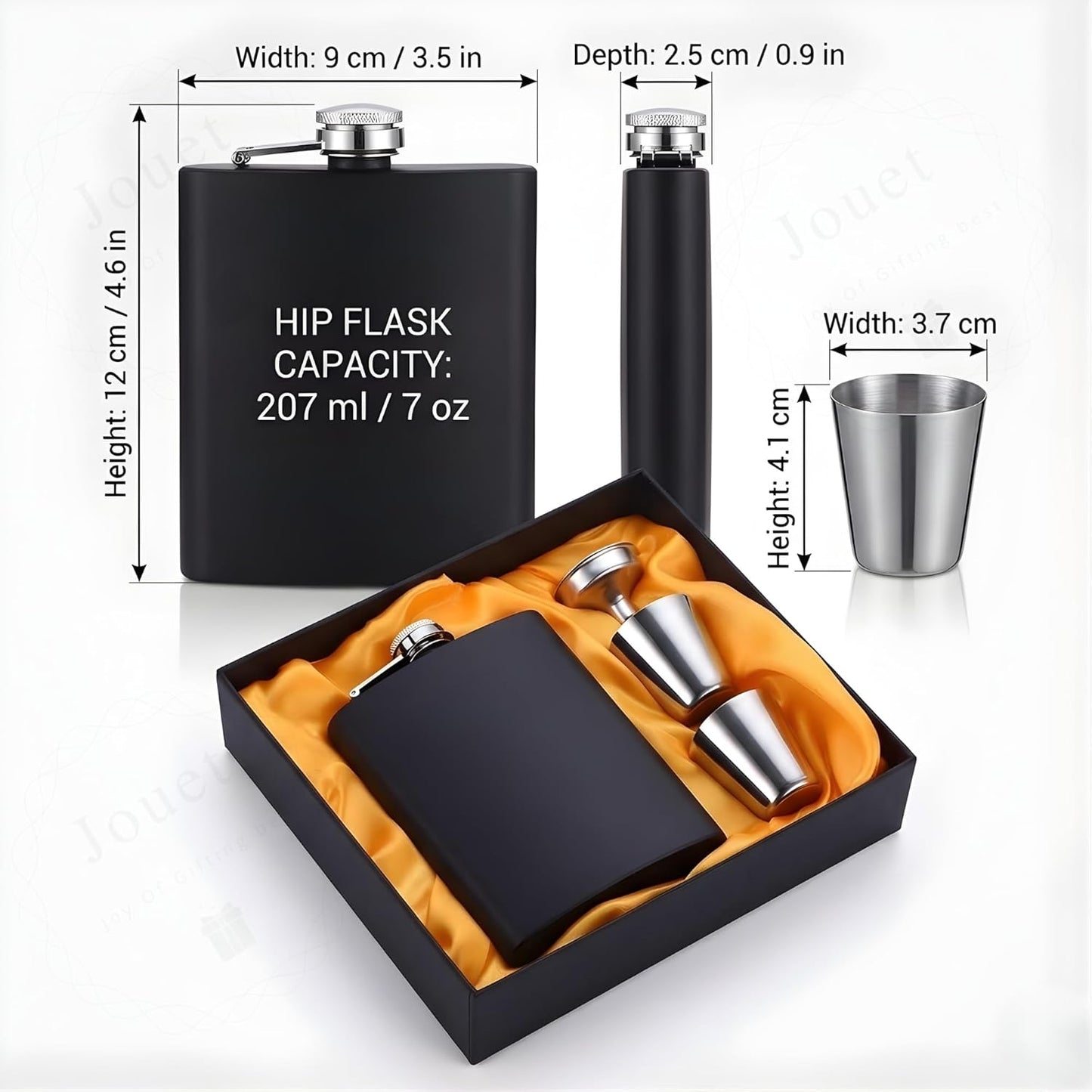 Personalized Black Stainless Steel Hip Flask Gift Set – 210ml Engraved Flask with 2 Shot Glasses & Funnel