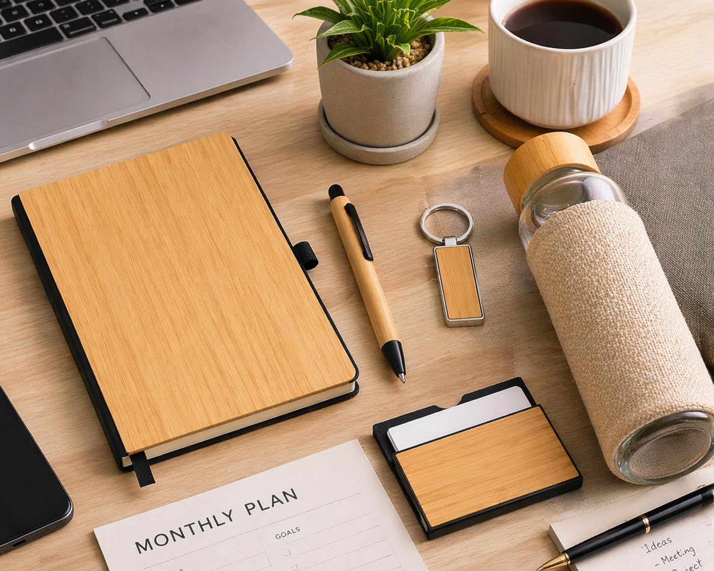 Personalized 5-in-1 Office Gift Set with Name & Charm, Notebook, Glass Bottle, Pen, Card Holder & Keychain,Corporate Gift