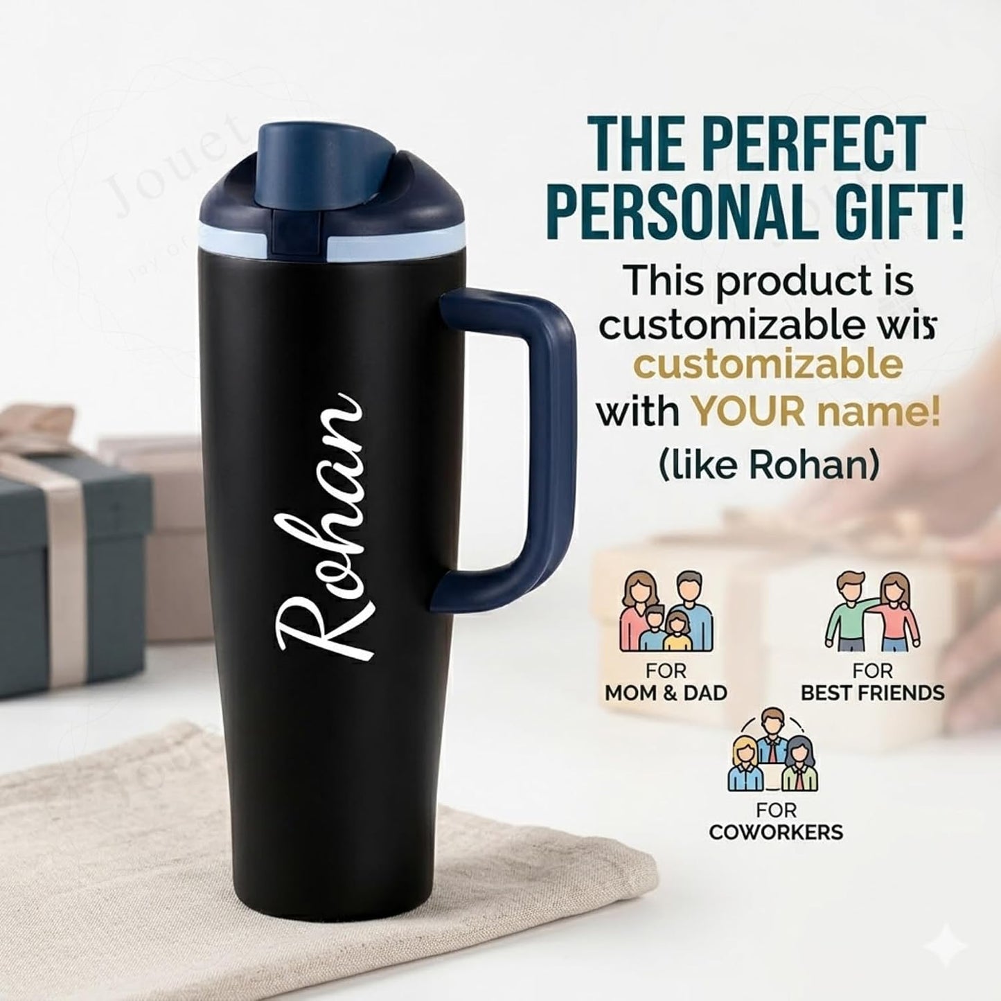 Personalized 1180ml Stainless Steel Tumbler with Name, Insulated Travel Mug with Handle & Spout Lid, Leak-Resistant Thermos