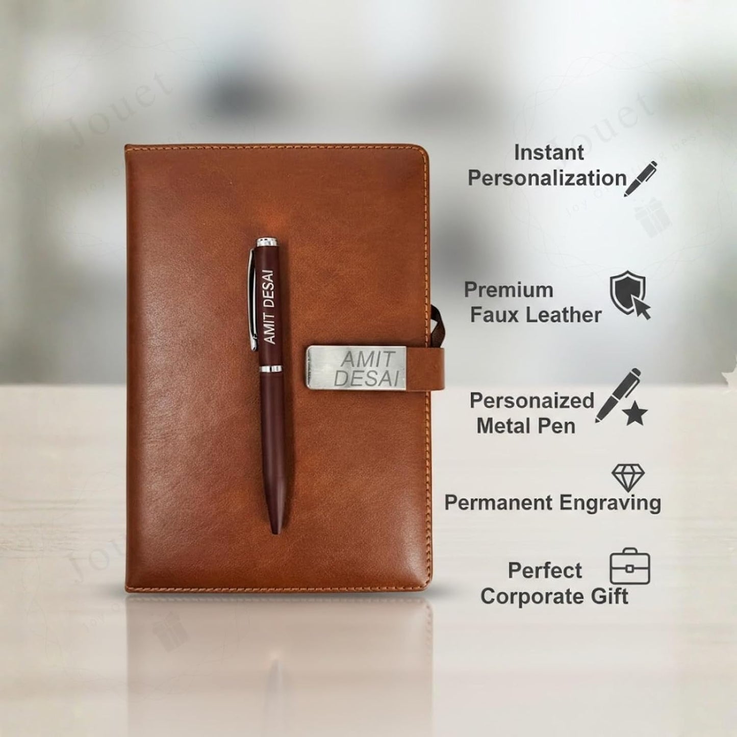 Personalized A5 Leather Diary Set with Engraved Metal Pen, Custom Name & Logo, Non-Dated Notebook, Black Corporate Gift