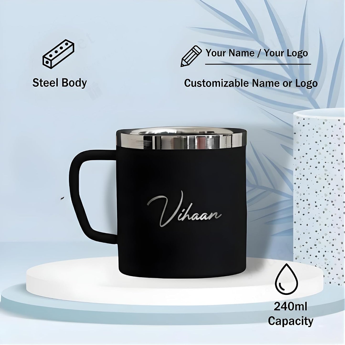 Personalised Stainless Steel Mug with Custom Engraving – 240ml, Black