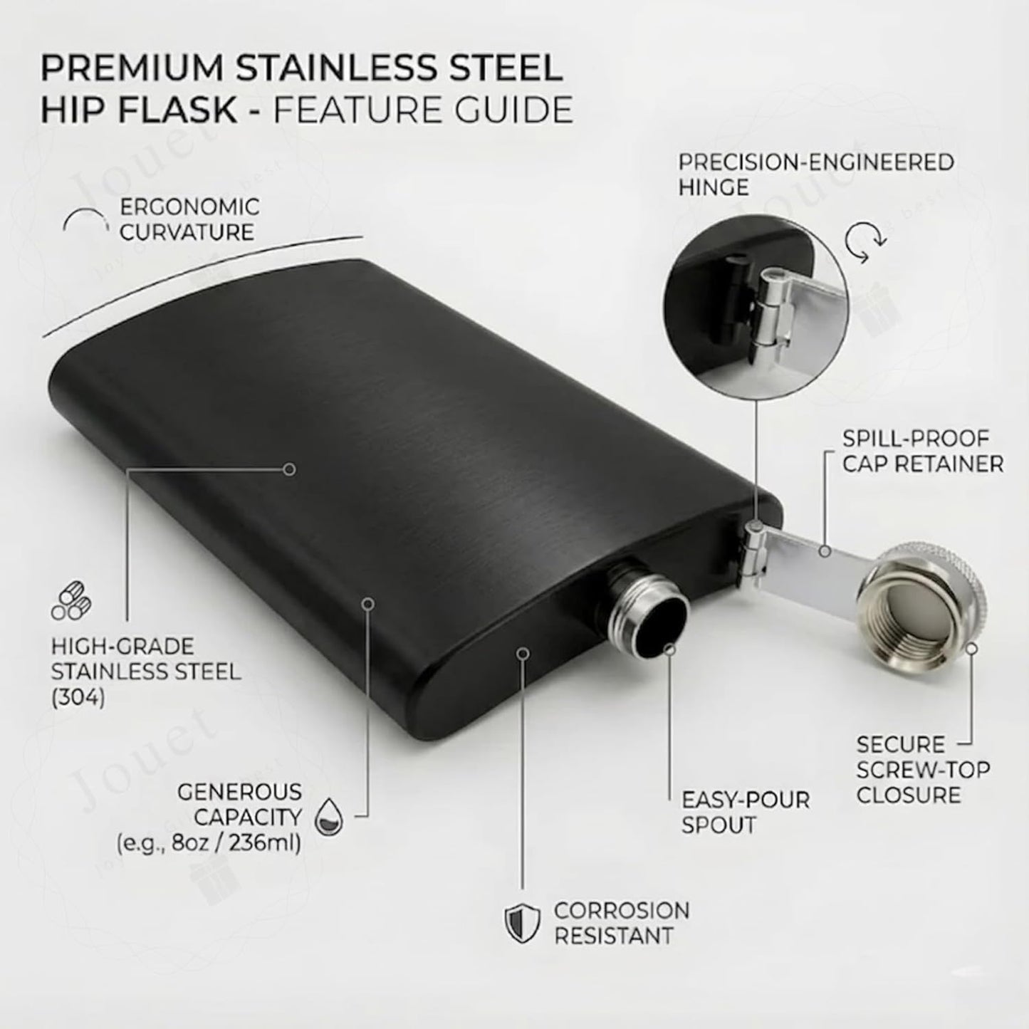 Personalized Black Stainless Steel Hip Flask Gift Set – 210ml Engraved Flask with 2 Shot Glasses & Funnel