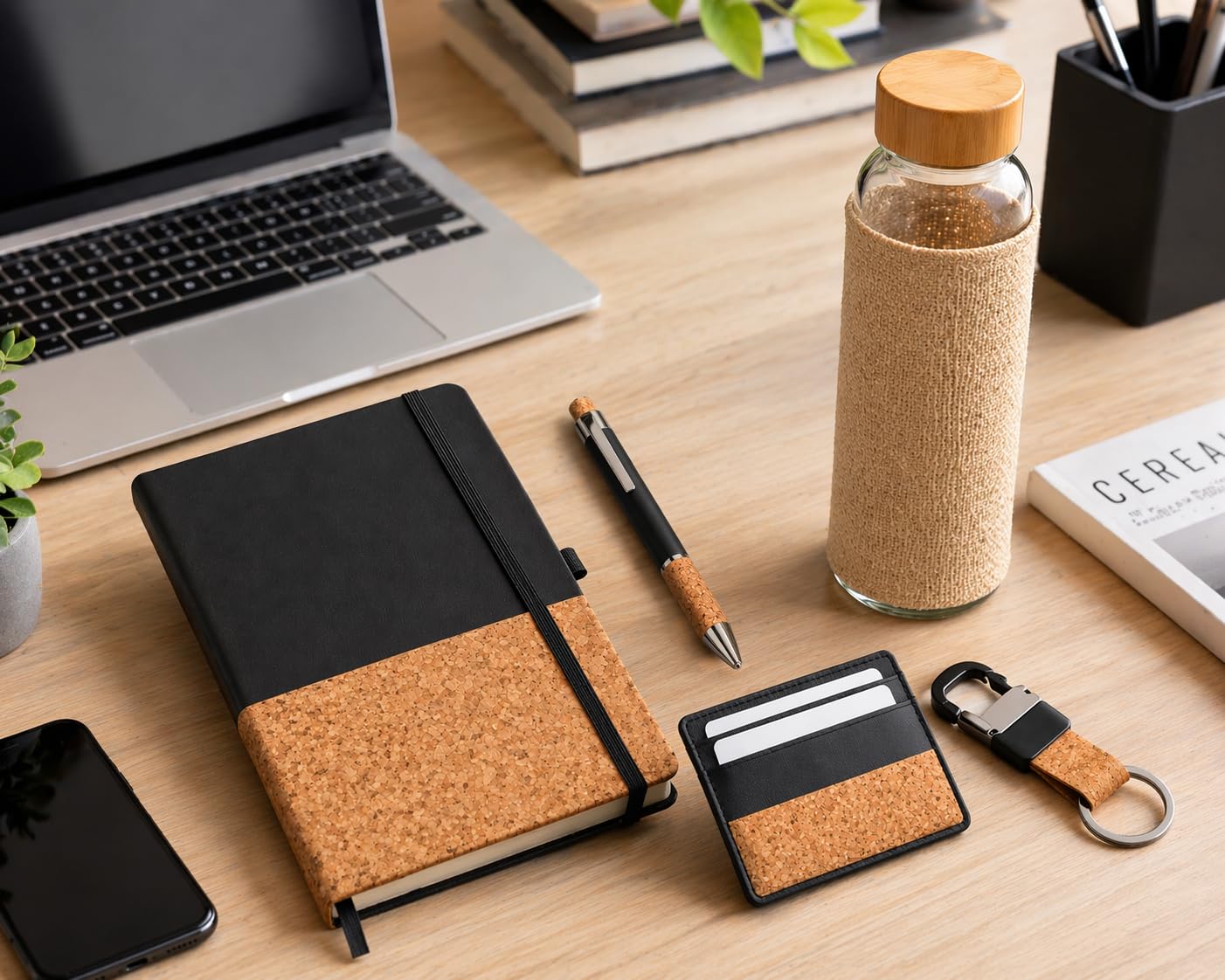 Customized 5-in-1 Office Gift Set with Notebook, Bottle, Pen & Keychain, Cork Corporate Gift