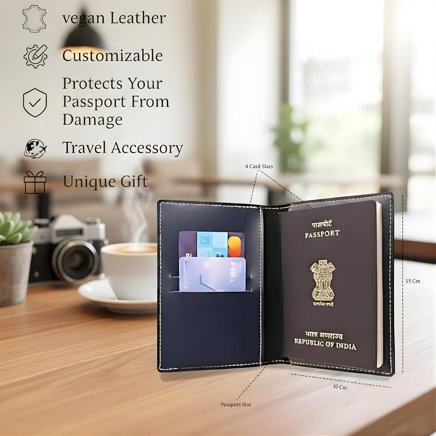 Custom Name Passport Holder with Travel Charms, Slim Faux Leather Cover for Cards & Travel Documents