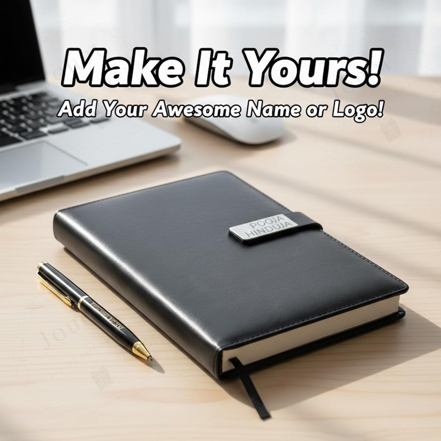 Personalized A5 Leather Diary Set with Engraved Metal Pen, Custom Name & Logo, Non-Dated Notebook, Black Corporate Gift