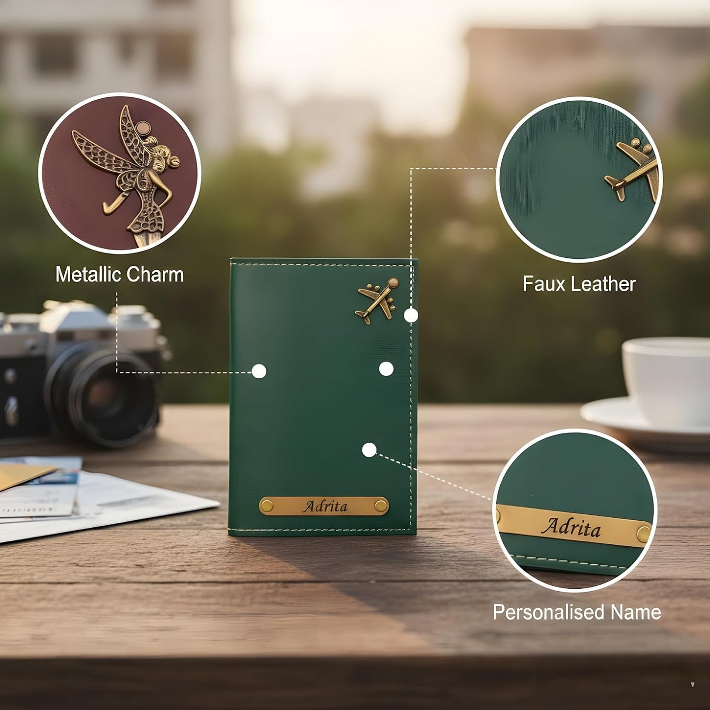 Custom Name Passport Holder with Travel Charms, Slim Faux Leather Cover for Cards & Travel Documents